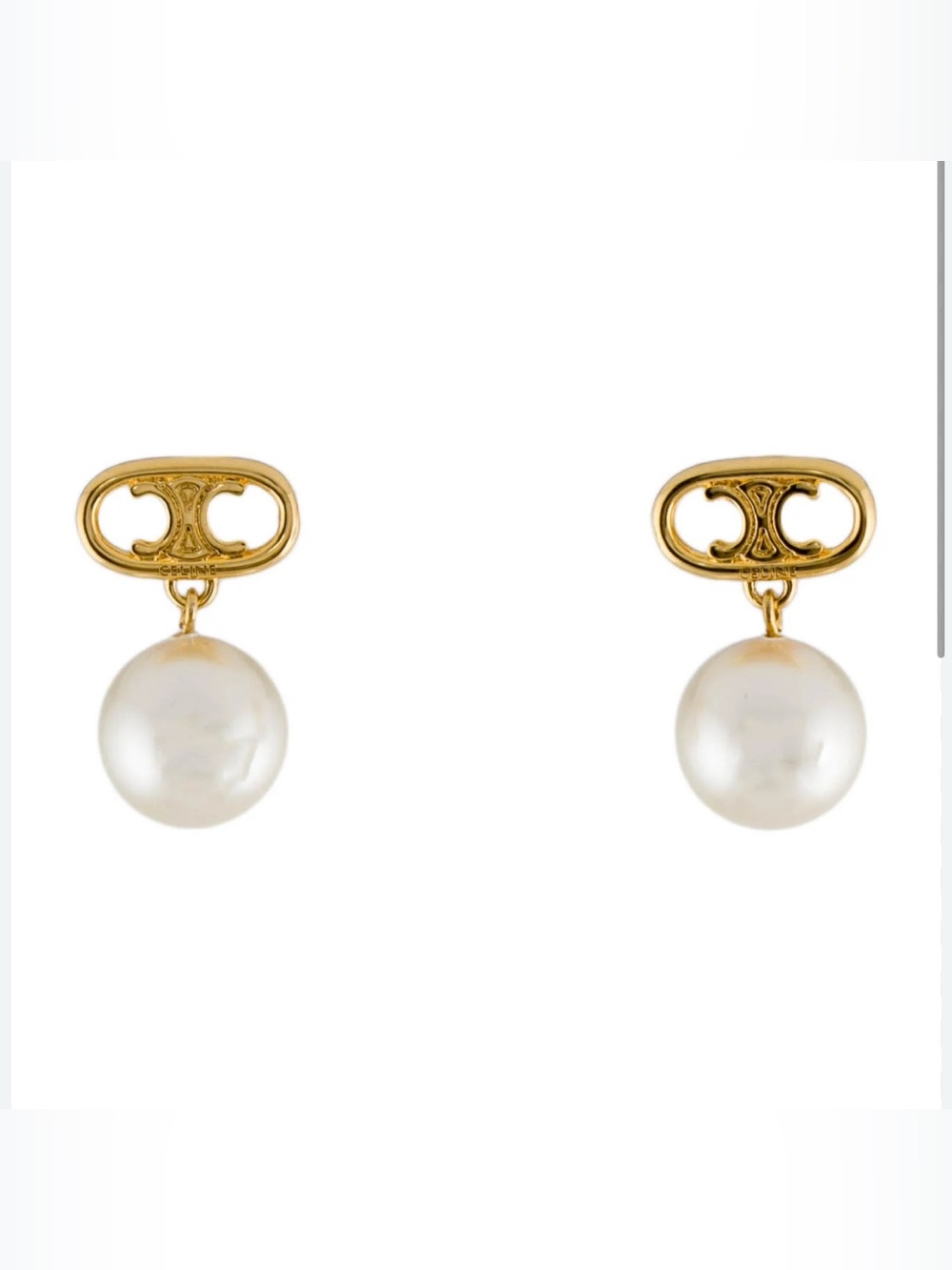 ❌SOLD❌Celine Gold-Tone Logo Drop Earrings with White Faux Pearl